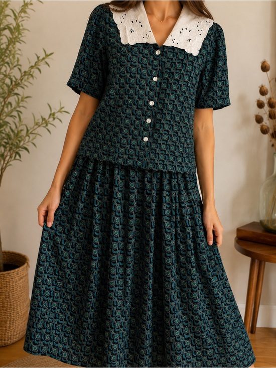 Fr sport Dresses & Skirts - 90s Vintage 2 Piece Skirt Set Eyelet Collar Rayon Made in USA L